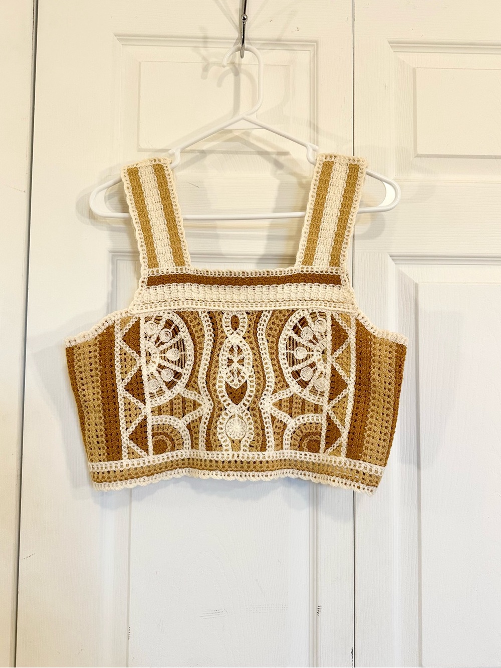 Crochet Crop Tank Top in Cream and Tan